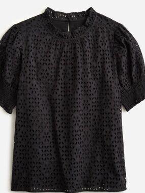 J Crew Smocked Puff-sleeve Top In Black Eyelet For Women